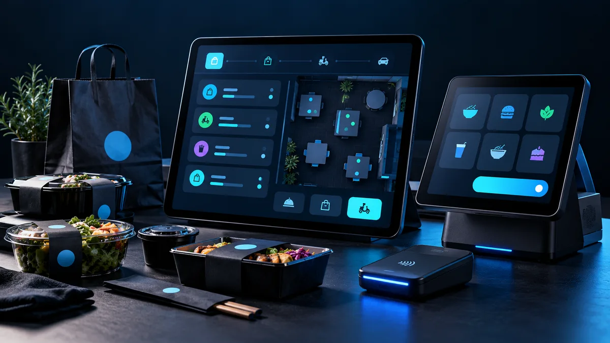 Ilustração conceitual de pedidos, atendimento e delivery em tablets e ponto de venda.