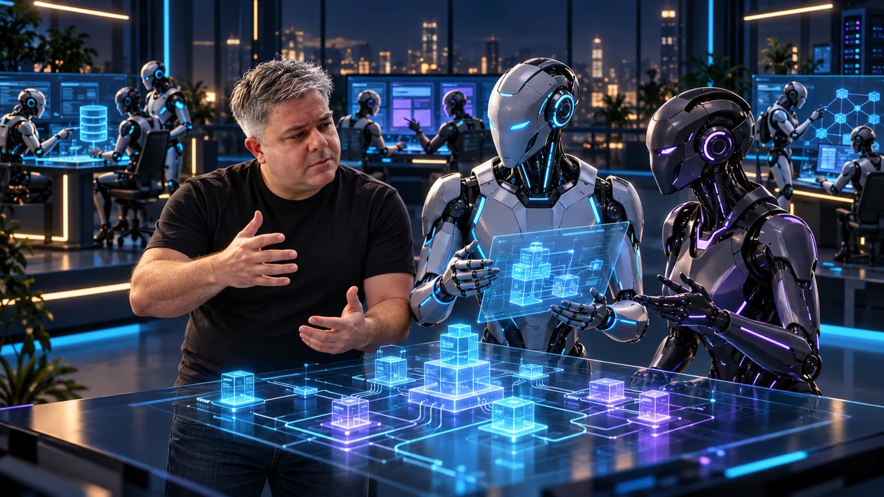 Representação conceitual de um especialista dialogando com seus agentes arquitetos e desenvolvedores seniores humanoides virtuais, enquanto equipes de IA trabalham ao fundo.