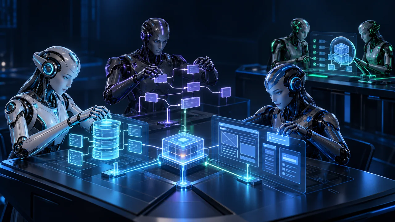 Representação conceitual de agentes humanoides virtuais de banco de dados, frontend e backend colaborando em um módulo, com uma equipe de testes ao fundo.