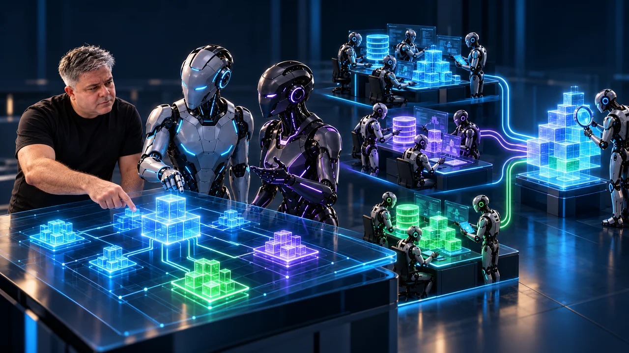 Representação conceitual de direção humana ativa: um especialista discute decisões com líderes humanoides virtuais; o plano se ramifica em equipes de IA trabalhando em paralelo e converge para integração e testes.
