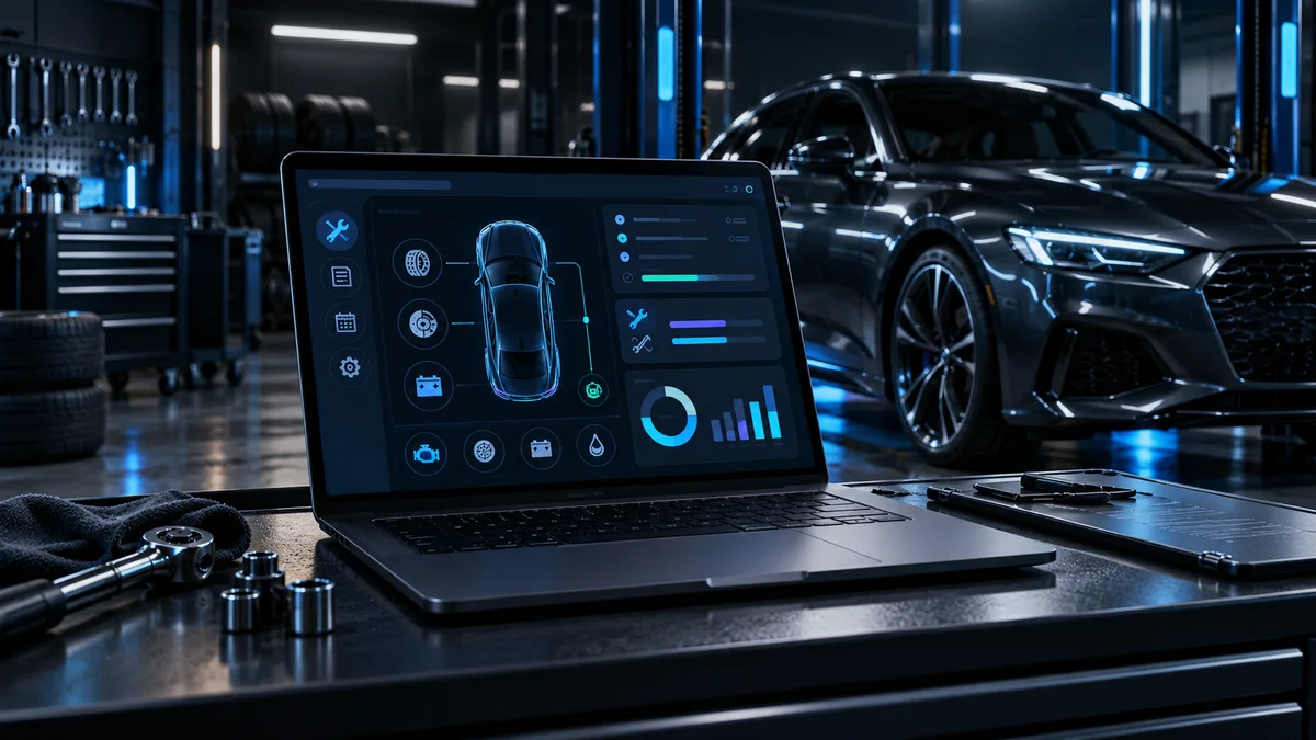 Ilustração conceitual de software para gestão automotiva em uma oficina.